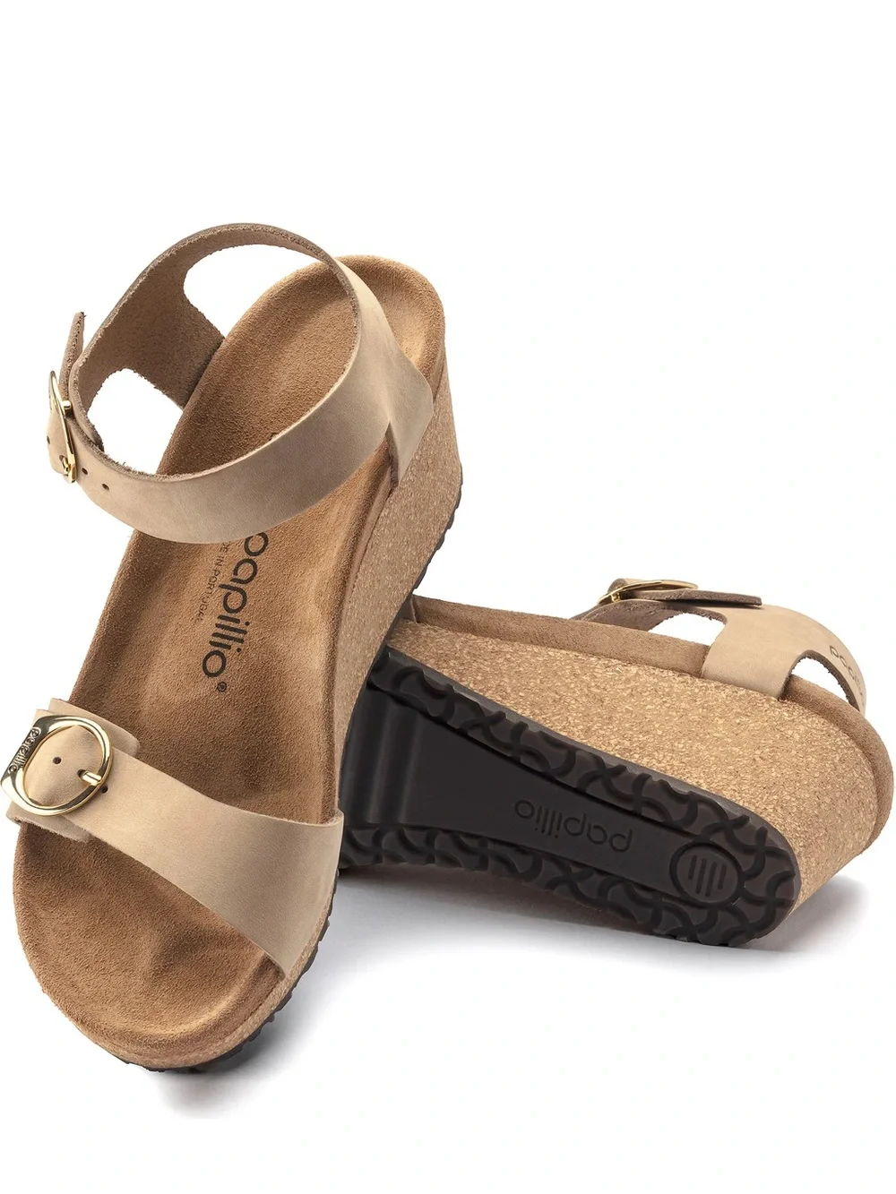 New Birkenstock Papillio Soley Ring Buckle Cork Wedge Sandals Beige 39 8-8.5